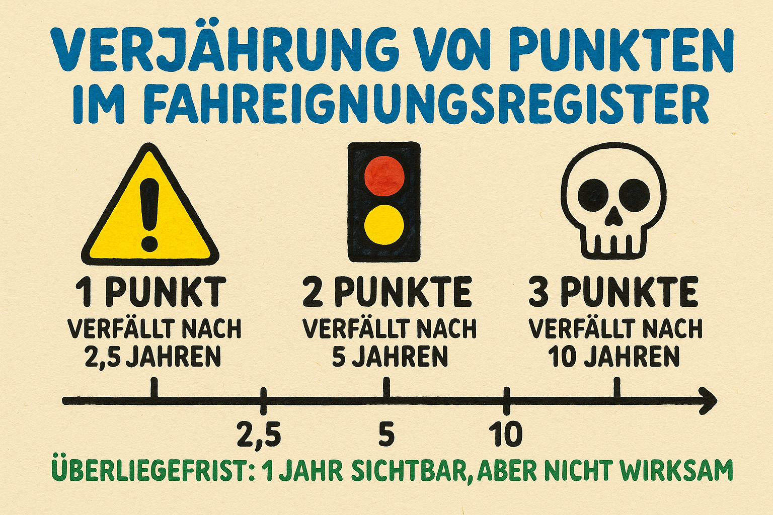 Zeitstrahl zur Verjährung von Punkten im Fahreignungsregister Flensburg – 2,5, 5 und 10 Jahre